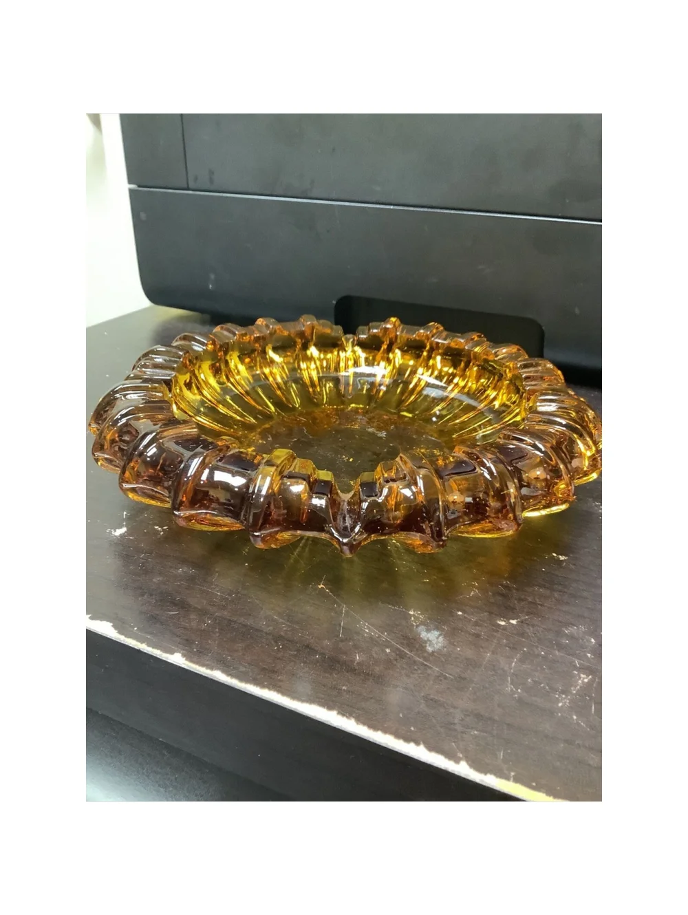 Sunburst Vintage Ashtray Large Heavy Amber Glass 7” MCM Tobacciana Cigar Pipe